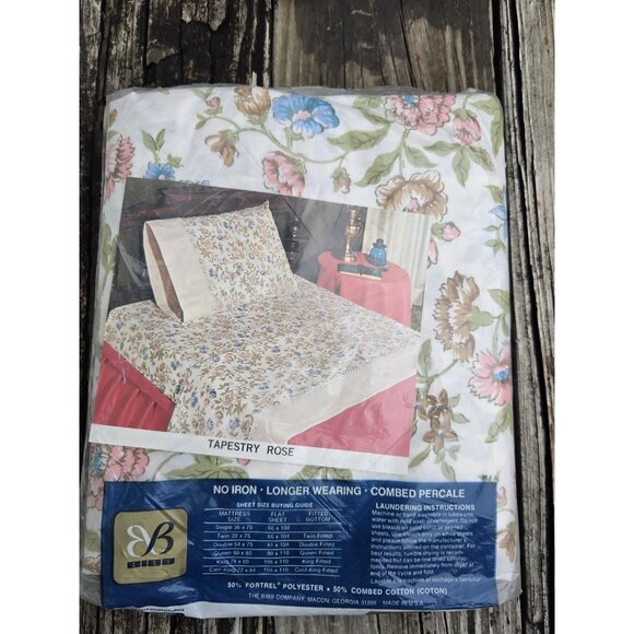 Vintage Bibb Double Full Fitted Flat 2 Pillow Sheet Set Tapestry Rose Floral New - Picture 9 of 10